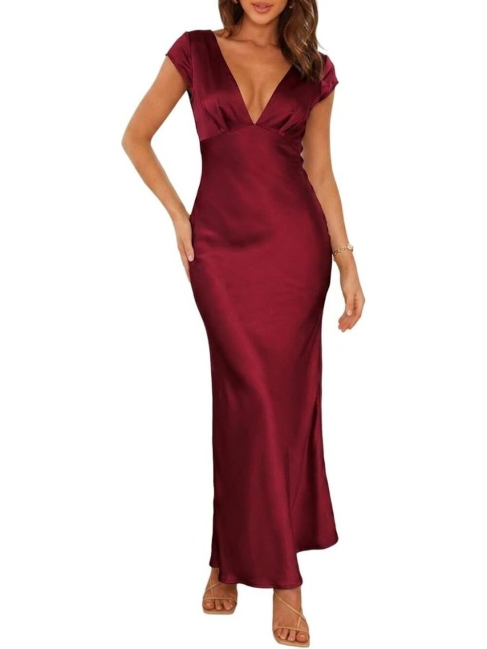 Women's Burgundy Summer Satin V Neck Cap Sleeve Backles Wedding Guest Midi Dress